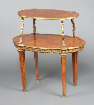 A 19th Century oval inlaid Kingwood 2 tier etagere with gilt metal mounts raised on square tapered supports 86cm h x 81cm w x 50cm d 