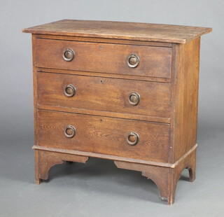 An Art Nouveau oak chest of 3 drawers with ring drop handles 81cm h  x 83cm w x 47cm d (split to top, filled holes, sun bleached)