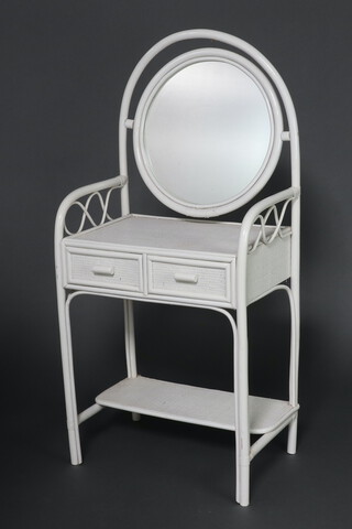 A white painted bamboo dressing table with circular plate mirror the base fitted 2 short drawers with undertier on turned supports 135cm h x 66cm w x 41cm d 