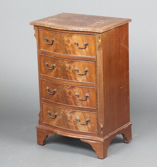 A Georgian style crossbanded 4 drawer mahogany chest of serpentine outline, raised on bracket feet 75cm h x 48cm w x 35cm d (water and contact marks in places) 