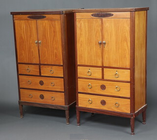 Two Continental walnut cabinets, one enclosed by a panelled door the base fitted 2 short and 2 long drawers, the other converted for use as a television cabinet 150cm h x 84cm w x 59cm d  