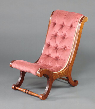 A Victorian show frame mahogany slipper nursing chair upholstered in pink buttoned material 61cm h x 37cm w x 48cm d  