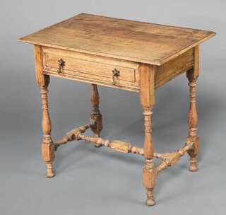 A Victorian light oak side table fitted a frieze drawer, raised on turned and block supports, H framed stretcher 69cm h x 76cm w x 48cm d 