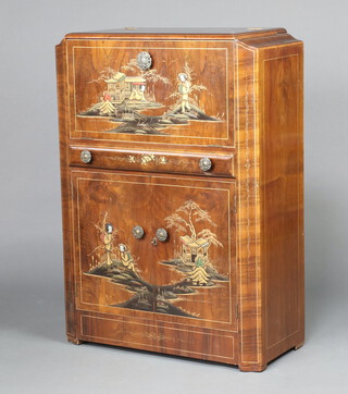 A 1930's walnut and chinoiserie style cocktail cabinet with hinged lid and mirrored interior fitted a drawer above cupboard enclosed by panelled doors, the cupboard with fitted interior 116cm h x 83cm w x 39cm d  