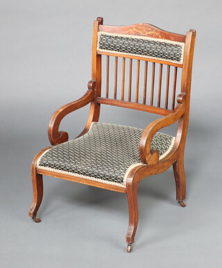 An Edwardian inlaid mahogany open armchair with stick and rail back 82cm h x52cm w x 48cm d 