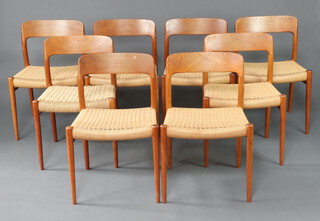 Niels Moller for J L Moller a set of 8, Model Number 75 Danish Mid-Century teak bar back dining chairs with woven paper cord seats, all the base are marked R J Moller and Danish Furniture Makers  74cm h x 50cm w x 41cm d 