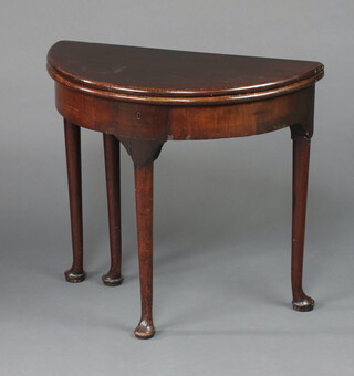 A 19th Century mahogany demi-lune box tea table with hinged lid, raised on pad supports 69cm h x 76cm w x 37cm d 