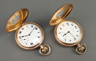 A gold plated half hunter mechanical pocket watch with seconds at 6 o'clock, a Waltham ditto 