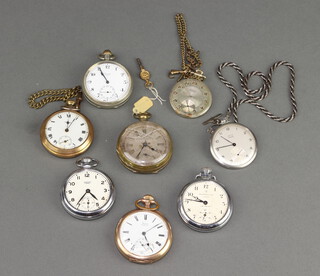 A gold plated mechanical pocket watch inscribed Prescot with seconds at 6 o'clock (a/f) and 7 other watches