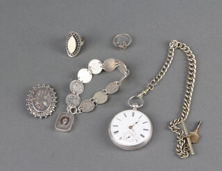 A Victorian silver keywind pocket watch London 1855 and minor silver jewellery 