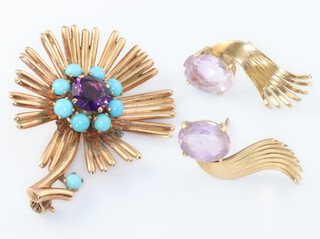 A 9ct yellow gold turquoise and amethyst floral spray brooch (lacking 2 leaves) together with a pair of yellow metal amethyst ear studs, gross weight 14.8 grams 