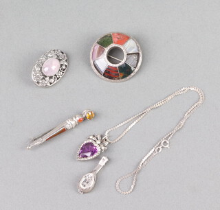 A Scottish sterling silver hardstone dirk brooch, 2 other brooches, a pendant, necklet and pendant 