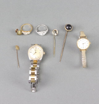 A lady's Rotary calendar bi metallic wristwatch, 1 other watch and minor jewellery