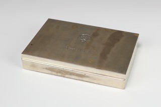 King Hussein of Jordan, a rectangular 925 standard cigar box engraved with the crest and the signature of King Hussein 19cm x 13cm 
