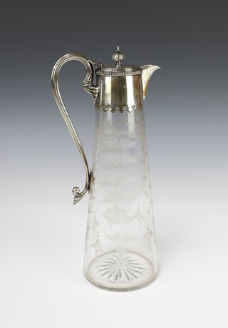 An Edwardian cut glass ewer with silver plated mounts, decorated with ferns 29cm 