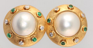 Theo Fennell, a pair of 18ct yellow gold cultured pearl, emerald and diamond set etruscan style ear studs, the 8 diamonds approx. 0.30ct, the 8 emeralds approx. 0.30ct, the cultured pearls 12mm, London 1989 gross weight 19.6 grams 