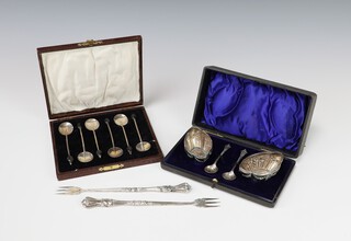 A set of 6 silver bean end coffee spoons Birmingham 1924, Chester 1899, 2 boat shaped silver slats and spoon cased and 2 forks, gross weight 87 grams 