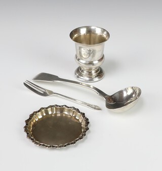 A Sterling silver pedestal vase (weighted) 7.5cm, a pin tray, ladle and fork, gross weight 283 grams 