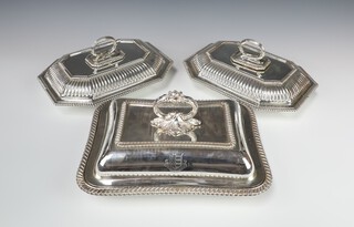 A Victorian silver plated entree with engraved armorial together with a pair of  plated octagonal entrees   