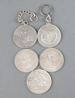 A Victorian crown 1890, 3 others and a dollar 1887 mounted as a keyring 