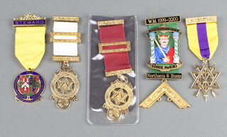 A gilt enamelled Masonic Past Masters jewel Hinchingbrooke Lodge no.9282, 4 other modern jewels