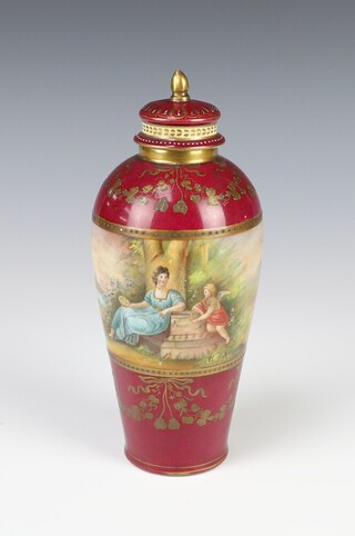 A 19th Century Austrian oviform vase decorated with panel of figures and an extensive landscape with dome topped lid, the base inscribed Andromache, indistinctly signed, 20cm (stuck lip)