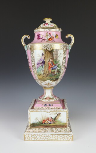 A late 19th Century Dresden 2 handled vase and later cover, raised on a square base, decorated with fete gallant views and panels of flowers with later lid 37cm 