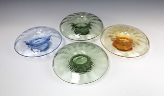 A set of 4 Whitefriars mushroom shaped bowls with flared rims, two sea green, two sapphire blue, 20cm  