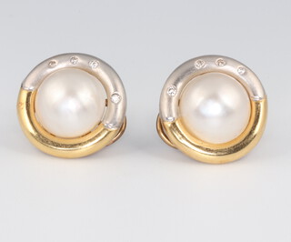 A pair of 2 colour yellow metal cultured pearl and diamond earrings 15mm 