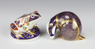 A Royal Crown Derby Imari pattern paperweight in the form of a badger  silver stopper 7cm, ditto frog silver stopper 9cm 
