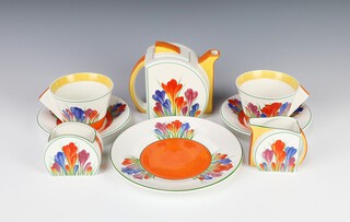 A Clarice Cliff for Wedgwood Crocus pattern "Tea For Two" part tea set comprising teapot 011248, cream jug 00608A, sugar bowl 00484A, plate 00602A, 2 tea cups 01484A and 01558A and 2 saucers, with certificates, boxed  