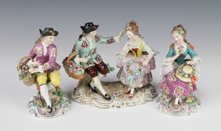 A Sitzendorf group of a seated lady and gentleman on a Rococo base 15cm and a pair of Samson figures of a seated lady and gentleman on Rococo bases 13cm 