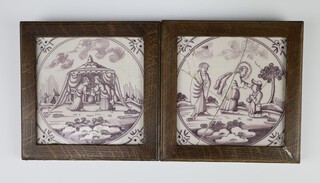 An 18th Century Delft tile decorated with figures before a temple 12cm x 12cm, ditto on a biblical scene 12cm x 12cm (a/f), framed 