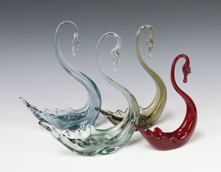 Three Whitefriars smoky glass atlantic blue figures of swans 20cm, a ruby ditto 6cm 
