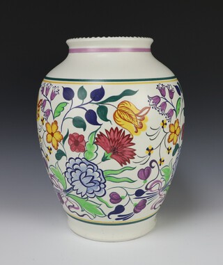 A large Poole Pottery mid-Century vase decorated with a wide band of flowers, monogrammed BND 36cm 