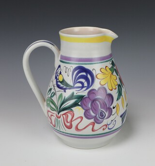 A Poole Pottery mid-Century jug decorated with stylised birds and flowers, monogrammed LEO 18cm 