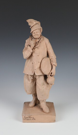 A 19th Century earthenware figure of a standing gentleman holding a bread and a bottle, the base signed Giacillon dated 1884 31cm 