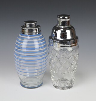 A cut glass Stuart Crystal cocktail shaker with chromium mounts 23cm, an Art Deco blue banded ditto 20cm 