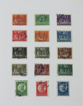 Scandinavia stamps in albums with Denmark from 1852 imperforates, 1912 5Kr. mint, D.W.I., Finland, Norway, Iceland, Sweden from 1855, 1924 Universal Postal Union - 5Kr. used, Faroe Islands 