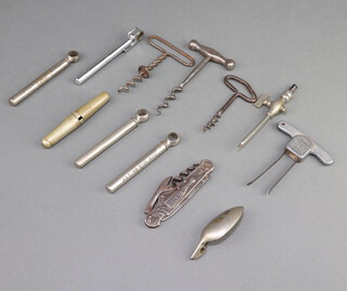 A Hazeline Cream Kepler spoon with folding corkscrew, a Mercier waiter's friend corkscrew, 3 pocket advertising corkscrews - John Haig Whisky, Long John Scotch Whisky and  J B Lawsons liqueur whisky, and a Lucas folding pocket corkscrew, a steel corkscrew marked Hotels Midry, a champagne spicket, 2 steel corkscrews and an Italian Ideal cork draw  