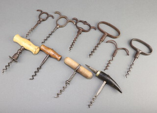 Four 19th Century eyebrow handle corkscrews, a Farrow and Jackson All Fire steel corkscrew and 5 others 
