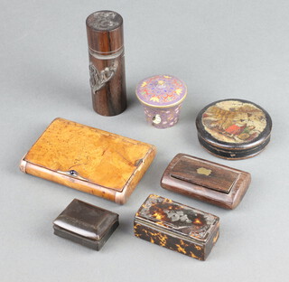 A small cloisonne jar and cover, a walnut box, a snuff box, a horn snuff box and other curios 