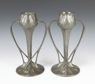 Archibald Knox for Liberty & Co, a pair of Tudric pewter tulip vases, the bases marked Tudric 029, 25.5cm x 13cm diam.

