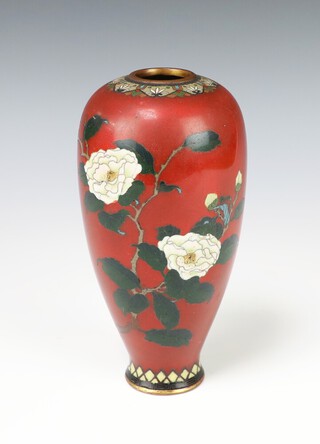 A Chinese red ground cloisonne enamelled vase with floral and butterfly decoration, 18cm h 