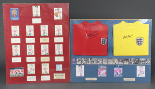 Two replica 1966 England football shirts one signed by Gordon Banks the other signed by Sir Geoff Hurst together with photographs, framed and with original certificate of authenticity to the reverse 80cm x 100cm, together with a framed set of signed caricatures of the 1966 England World Cup team with certificate of authenticity to the reverse 100cm x 80cm 