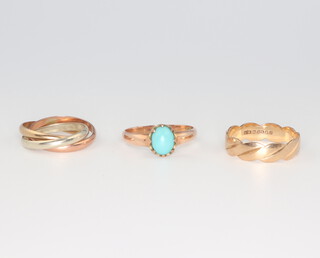 A 9ct yellow gold wedding band size L 1/2, a ditto 3 colour Russian wedding band size F 2.3 grams and a yellow metal 15k turquoise ring gross 1.7 grams size L 1/2