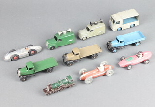 Dinky Toys, a flat truck closed chassis 4748 in green black 25C, a stone grey 1948-50, a wagon in blue black 1948-50 25A, two 34C loudspeaker vans in grey and green, an electric dairy van 30V in grey, a Maserati racing car 231 in red cream with chrome spun hubs 1960-62, a Van War racing car 239 in green but overpainted pink 1960-62, a Spirit of The Wind racing car 23E in silver with black wheels, red hubs and riveted base plate 