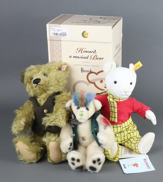 A Steiff Howard Musical Bear, limited edition no.00385 of 1500, exclusively for Harrods, boxed and with certificate, together with an unboxed Steiff Rupert Bear and ditto Punk Bear 