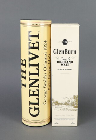 A 70cl bottle of Glenburn single highland malt whisky boxed, a 70cl bottle of The Glenlivet 12 year old, aged oak cased single malt whisky 