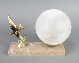 An Art Deco gilt spelter and grey marble table lamp in the form of a diving bird with opaque glass globe 18cm x 22cm x 8cm 